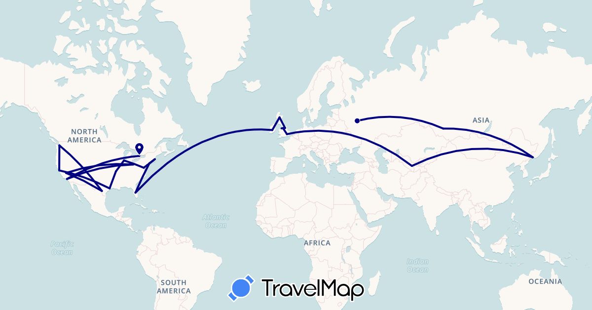 TravelMap itinerary: driving in Canada, United Kingdom, Ireland, Russia, United States, Uzbekistan (Asia, Europe, North America)